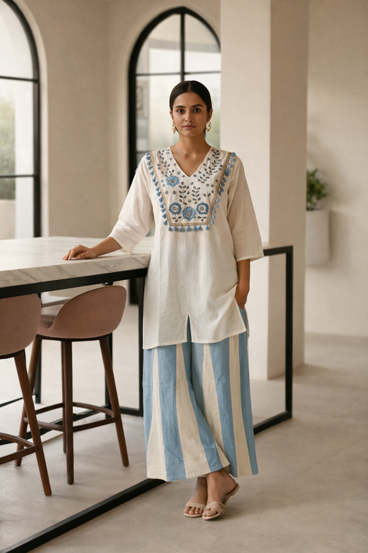 White Cotton Kurta with Blue Embroidery & Palazzo Set