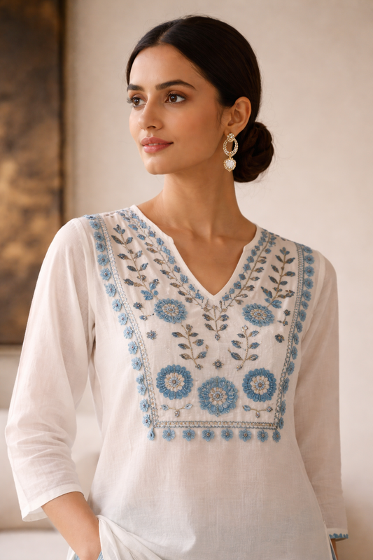White Cotton Kurta with Blue Embroidery & Palazzo Set