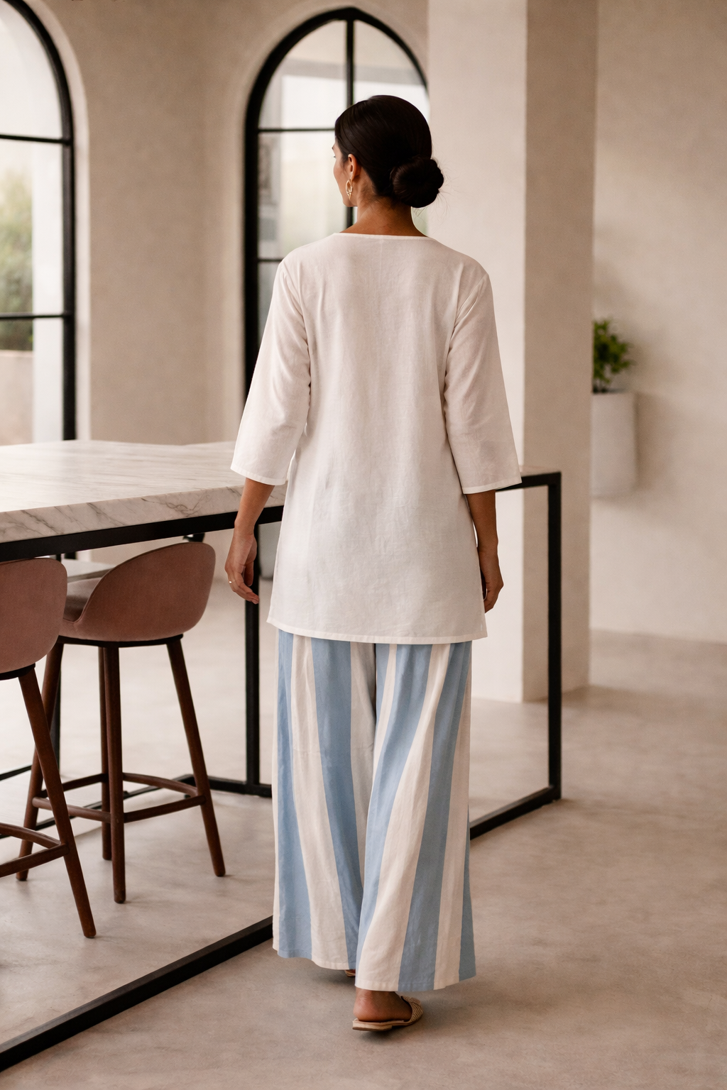 White Cotton Kurta with Blue Embroidery & Palazzo Set