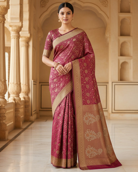 Plum-Mauve With Rich Gold Zari Floral Weave Banarasi Silk Saree