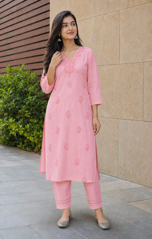 Baby Pink Rayon Embroidered KurtaPant Set