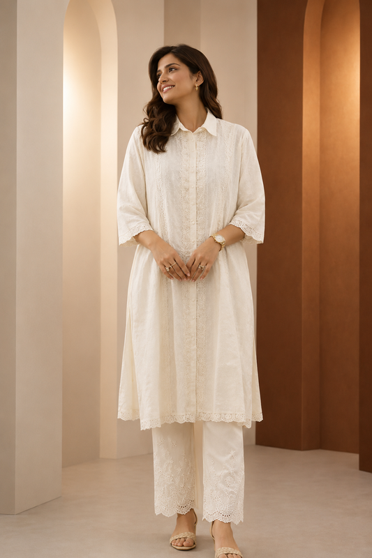 Ivory collar neck schiffli Kurta Pant Set