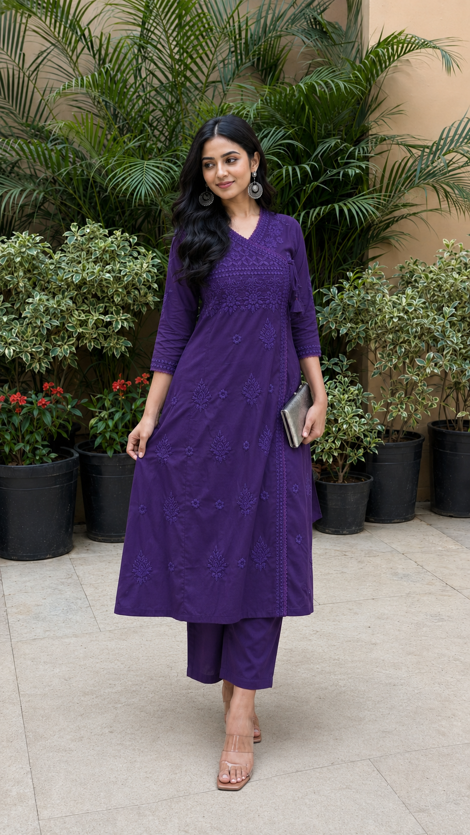Purple Cotton Blend Angrakha Style Chikankari Kurta With Pant