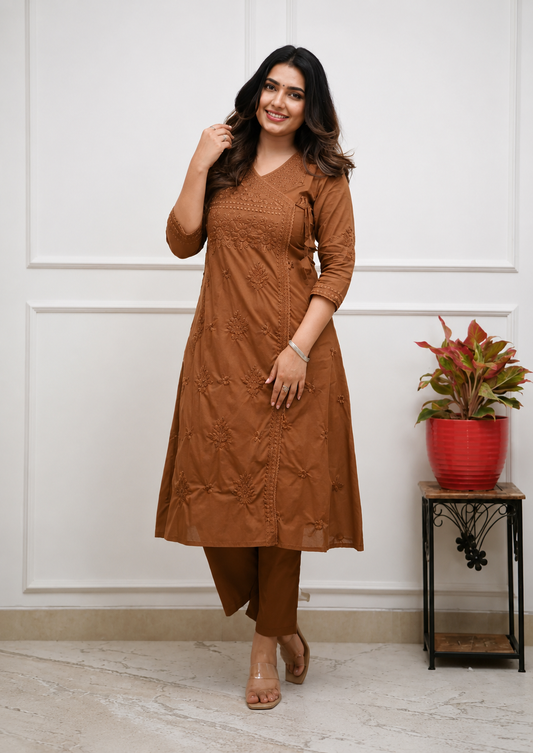 Brown Cotton blend angrakha style kurta with straight pant