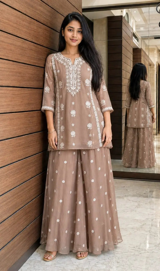 Beige Mul Chanderi White Thread Embroidered Kurta Pant Set