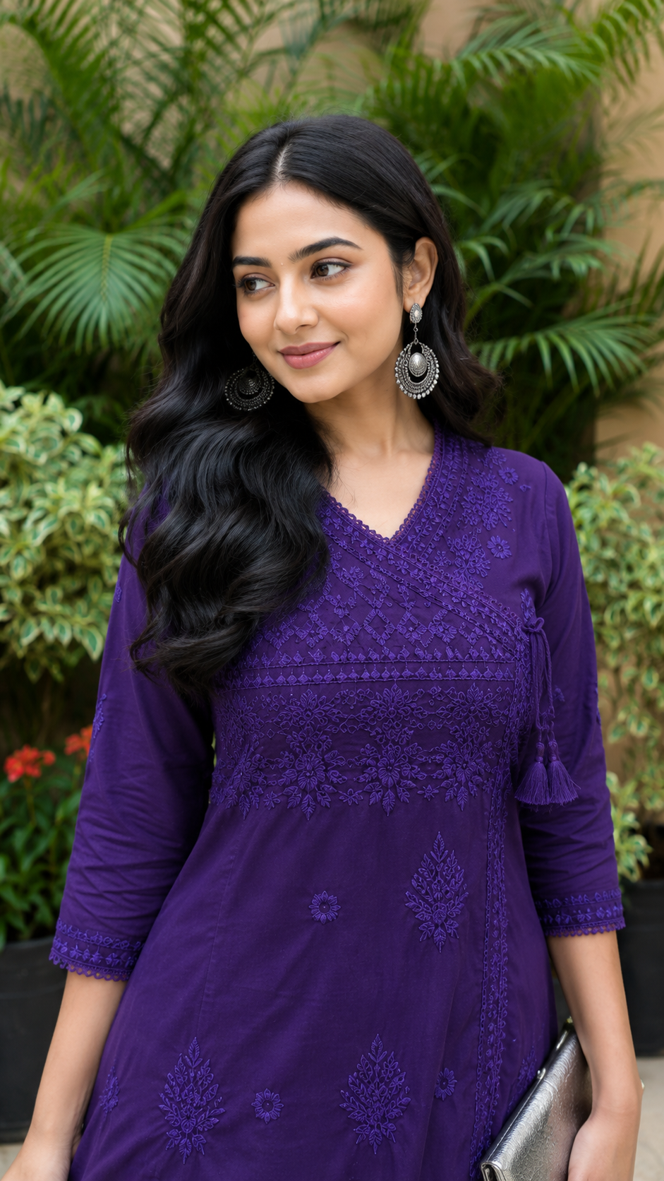 Purple Cotton Blend Angrakha Style Chikankari Kurta With Pant