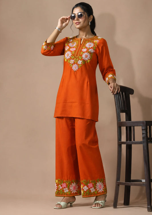 Rust Orange Embroidered Cotton short Kurta With Straight Pant