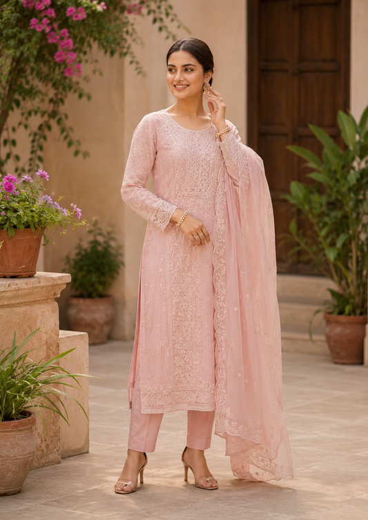 Semi-Stitched Soft Blush Pink Georgette Suit With Intricate Pastel Thread And Sequin Embroidery