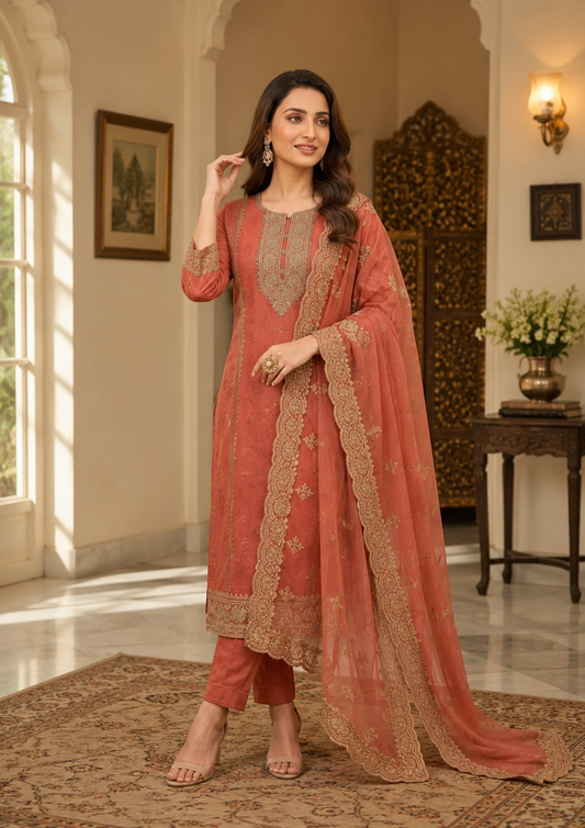 Watermelon Pink Semi-Stitched Tissue Suit Set With Dupatta With Delicate Pastel Sequin Embroidery