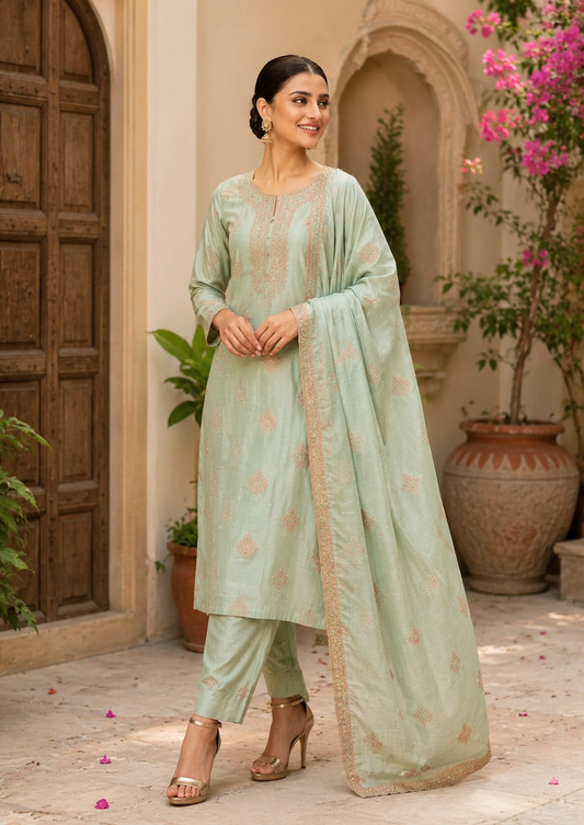 Aqua Blue Semi-Stitched Shimmering Crushed Organza-Silk Suit With Dupatta