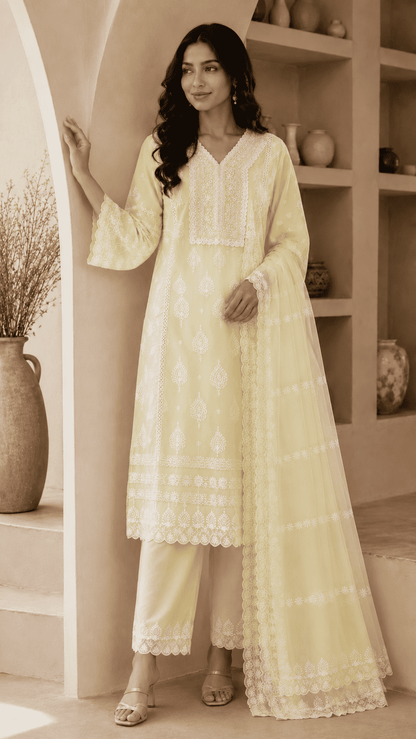 Off-White Chikankari Embroidered Mul Cotton Kurta Pant With Dupatta