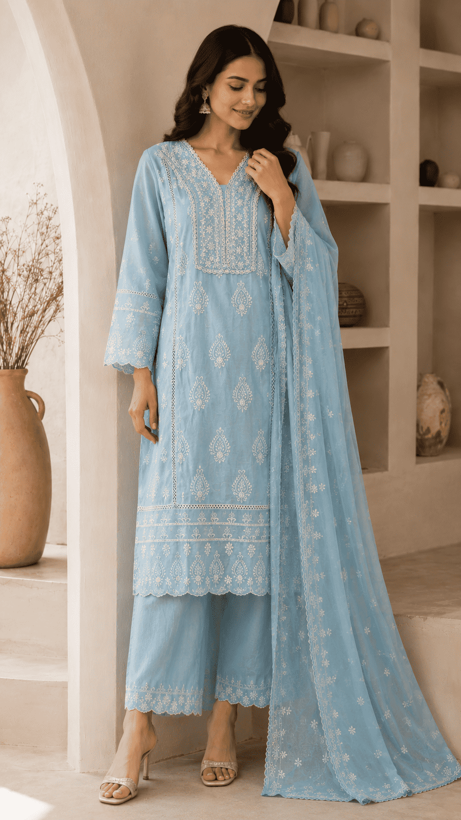 Sky Blue Chikankari Embroidered Mul Cotton Kurta Pant With Dupatta