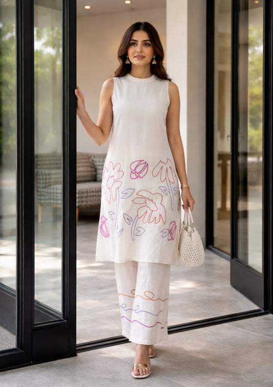 Minimal Ivory Cotton  Co-ord Set With Modern Abstract Embroidery