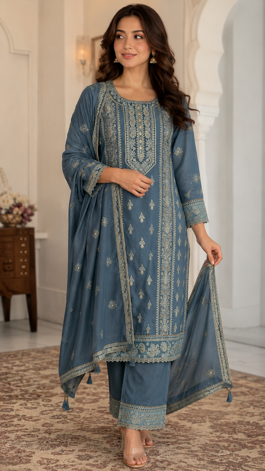 Dusty Blue Embroidered Cotton Kurta Pant and Dupatta