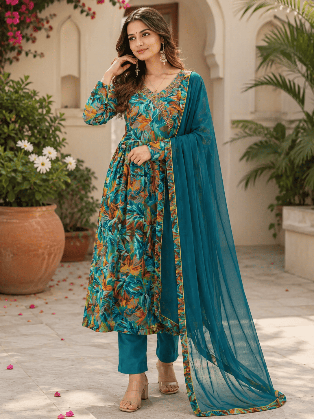 Cotton Mix Tropical Print Suit Set With Dupatta