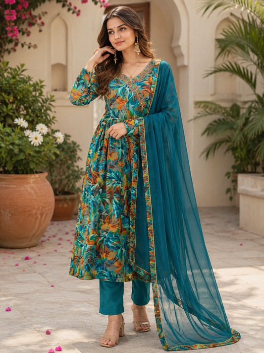 Cotton Mix Tropical Print Suit Set With Dupatta