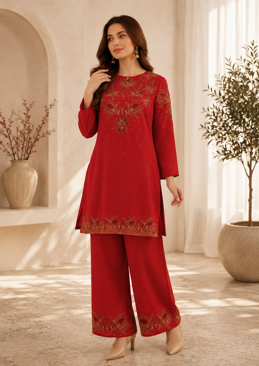 Red Cotton Blend Embroidered Short Kurta With Straight Pant