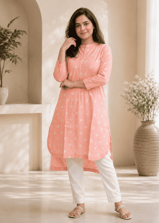 Peach Floral Embroidery Cotton Kurta