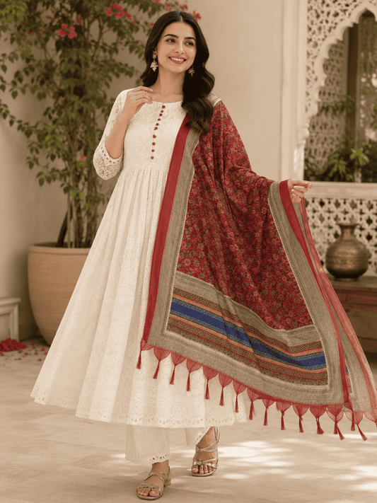 White Chikankari Kurta Pant With Red Printed Dupatta