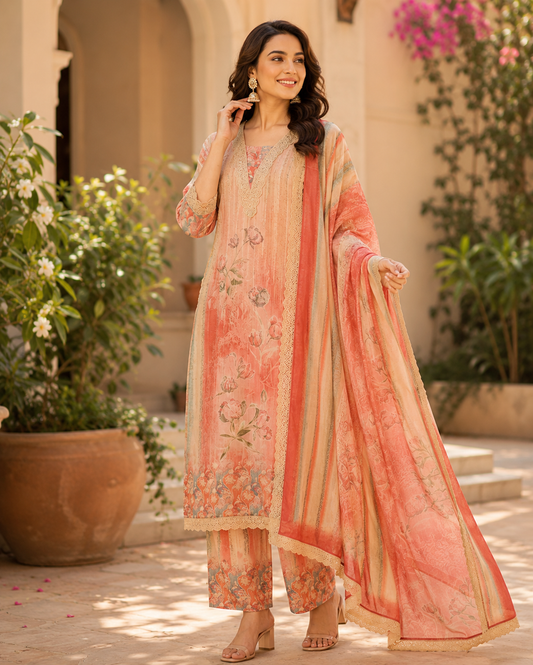 Pastel Peach Cotton Mix Kurta Set With Dupatta