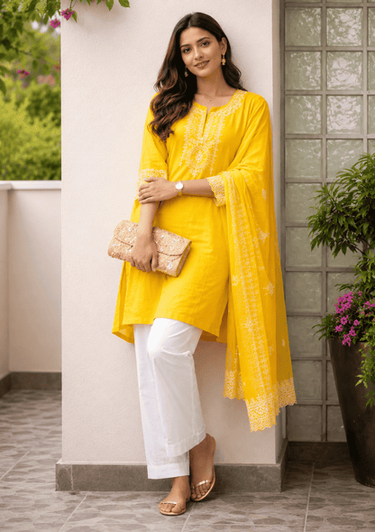 Bright Yellow Embroidered Cotton Kurta Pant Set With Dupatta