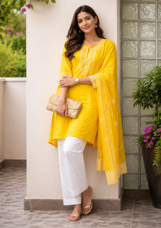 Bright Yellow Embroidered Cotton Kurta Pant Set With Dupatta