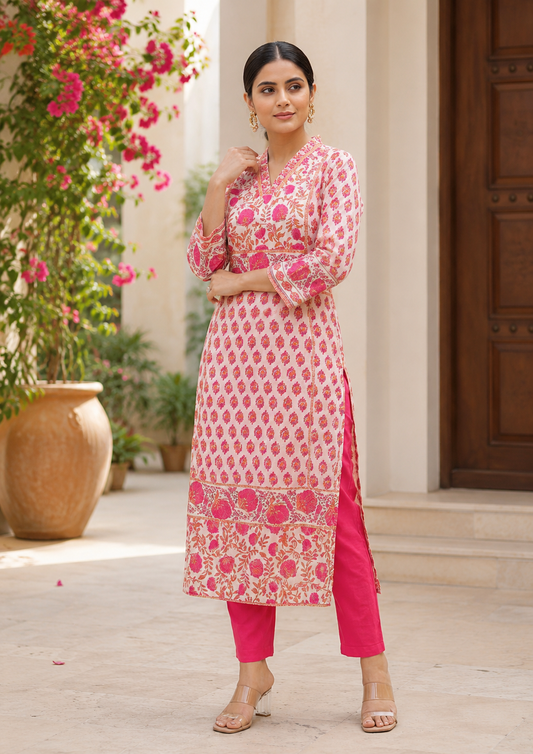 Ivory With Pink Florals Cotton Kurta