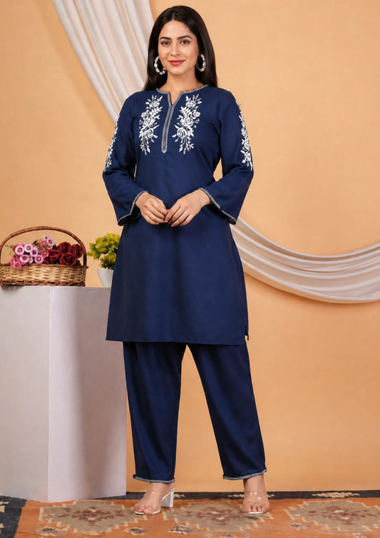 Blue with white threadwork cotton kurta with pant