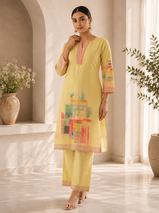 Yellow Digital Printed Cotton Kurta Pant Set