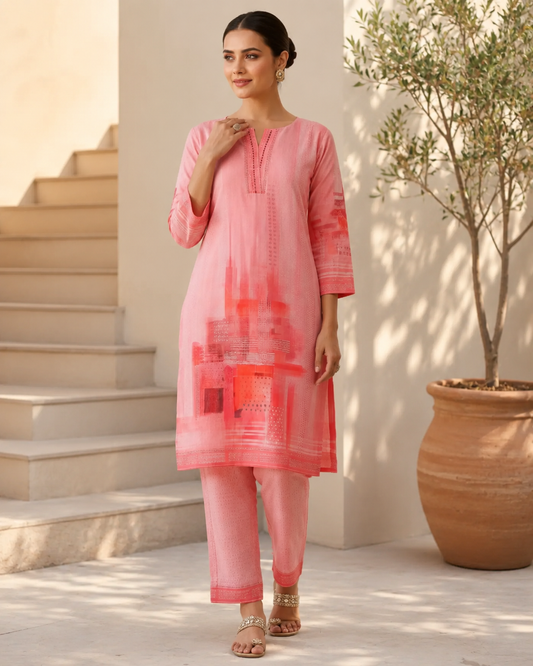 Peach Digital Printed Cotton Kurta Pant Set