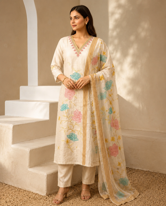 White With Delicate Pink And Blue Floral Patchwork Cotton Kurta Set With Organza Dupatta