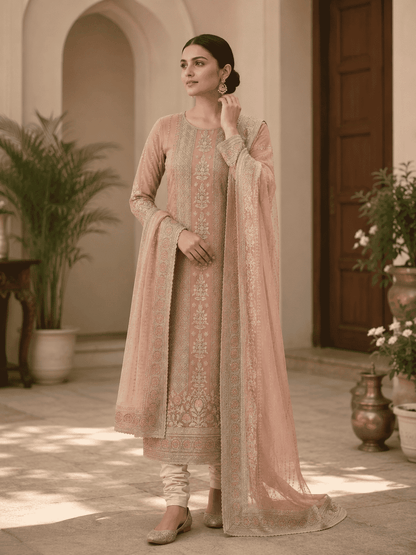 Unstitched Soft Blush Pink Organza With Intricate Ivory And Gold Threadwork Embroidery Suit Material