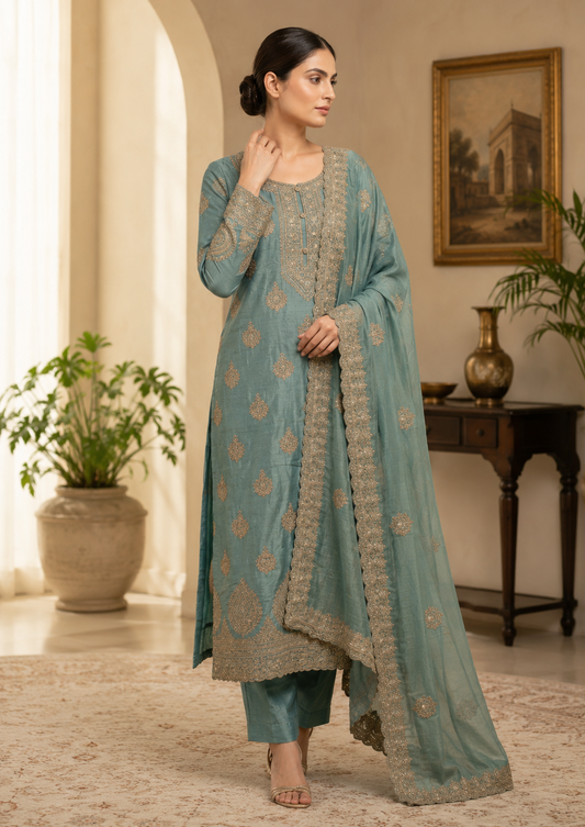 Icy Aqua Blue Semi-Stitched Tissue Silk Suit With Dupatta With Golden Sequin And Thread Embroidery