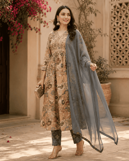 Olive Beige Cotton Blend Floral Kurta Set With Grey Dupatta