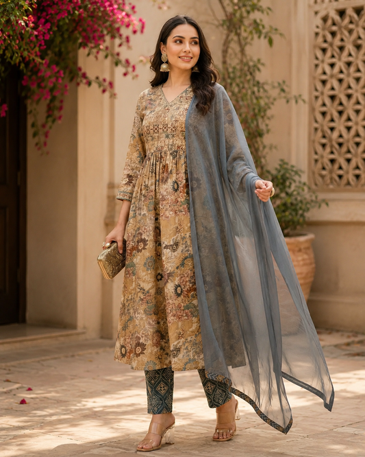 Olive Beige Cotton Blend Floral Kurta Set With Grey Dupatta