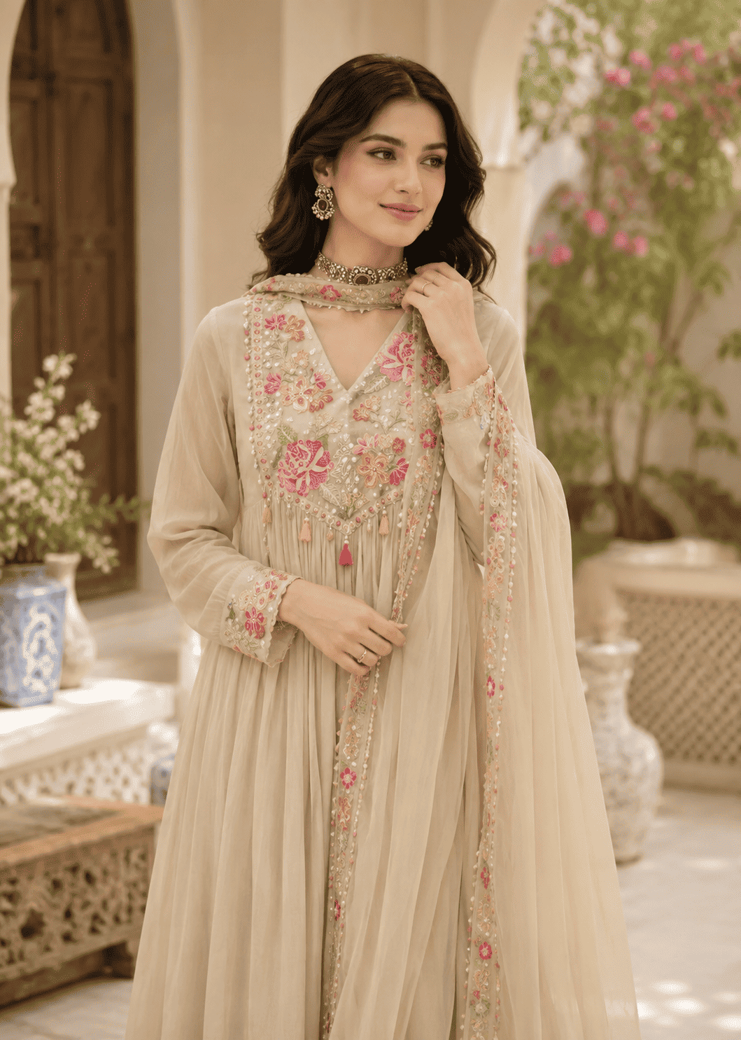 Cream Georgette Blend Anarkali Suit With Floral Dupatta
