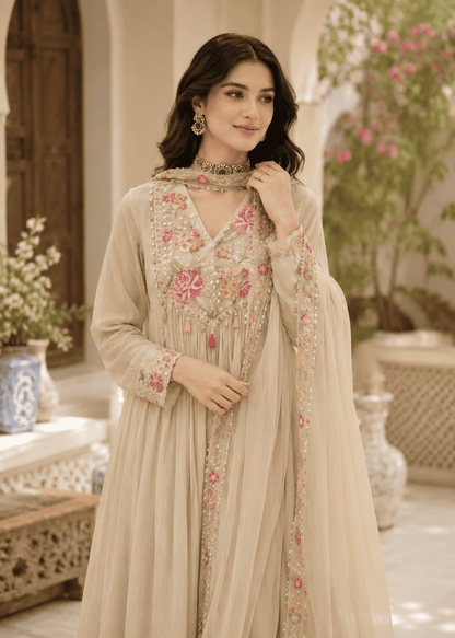 Cream Georgette Blend Anarkali Suit With Floral Dupatta