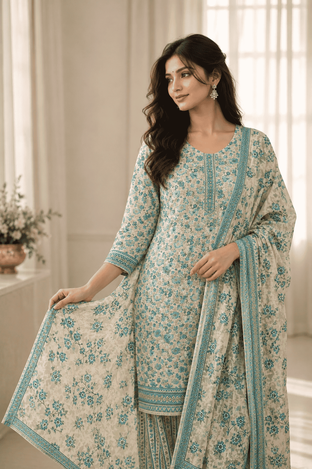 Beige cotton teal floral printed kurta pant set with dupatta