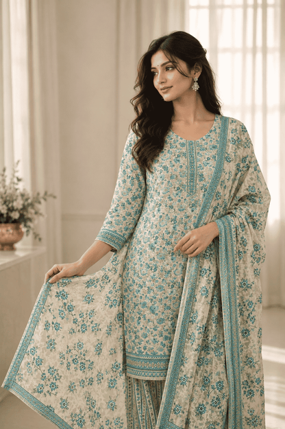 Beige cotton teal floral printed kurta pant set with dupatta