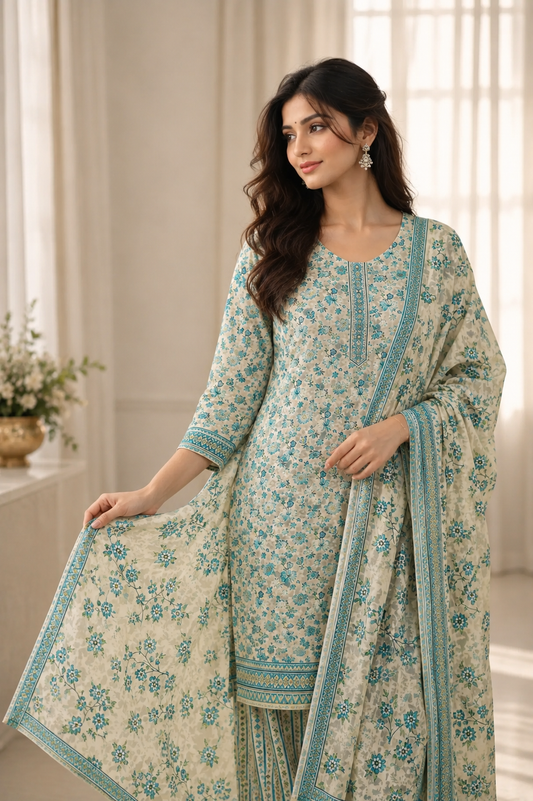 Beige cotton teal floral printed kurta pant set with dupatta