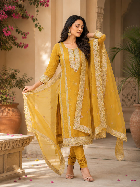 Olive-Mustard Semi-Stitched Soft Organza Suit With Dupatta With Multicolour Thread And Zari Embroidery