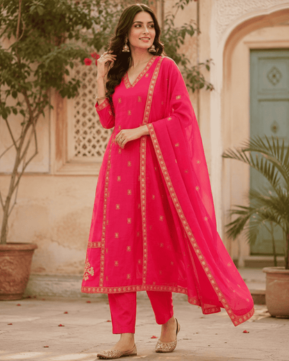 Fuchsia Pink Cotton Kurta Pant Set With Dupatta