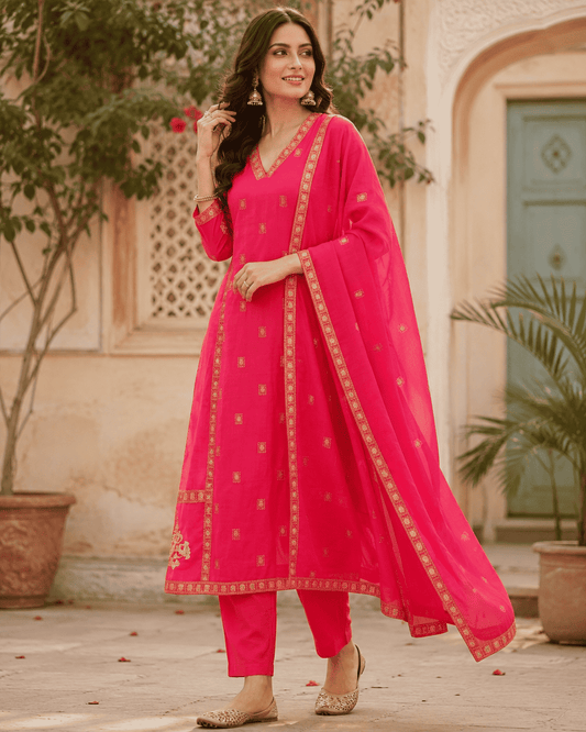 Fuchsia Pink Cotton Kurta Pant Set With Dupatta