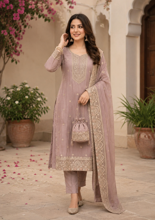 Blush Pink Semi-Stitched Soft Organza Suit Set With Dupatta