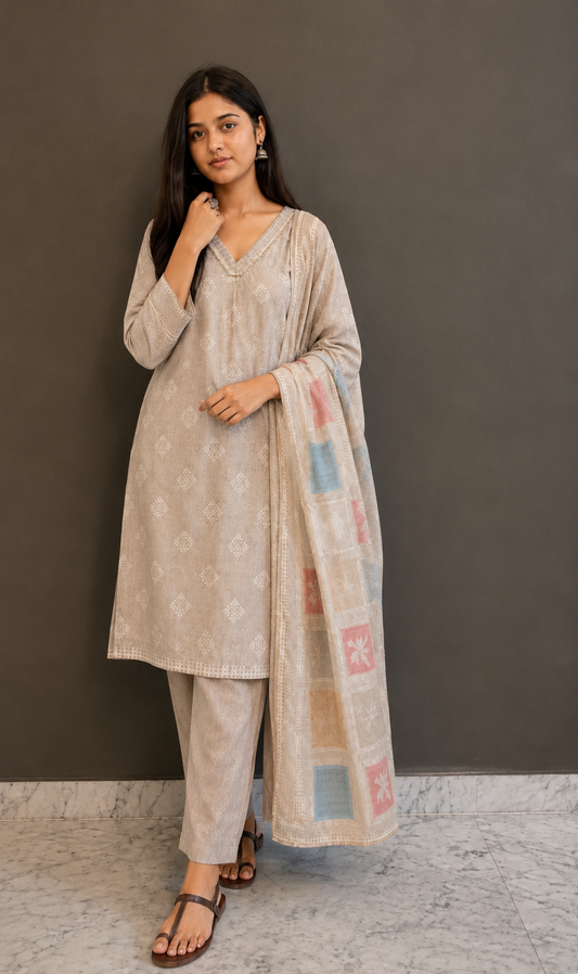 Beige Floral Printed Linen Kurta Pant and Dupatta Beige Floral Printed Linen Kurta Pant and Dupatta