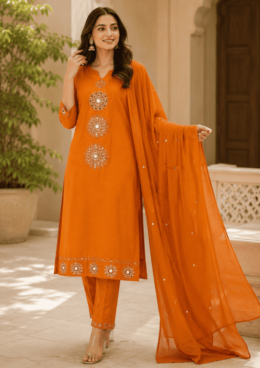 Orange Cotton Embroidered Kurta Set With Dupatta