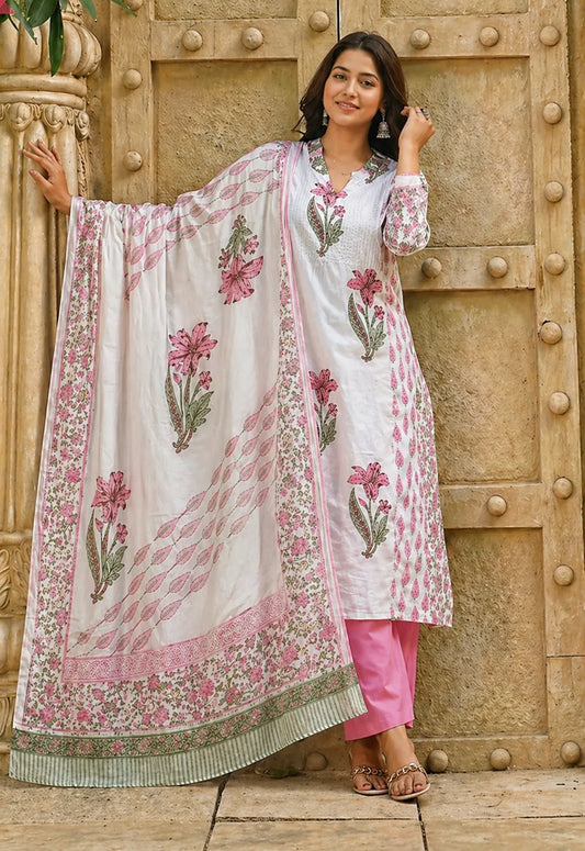 Green and Pink Block Printed Cotton Kurta Pant Set With Dupatta