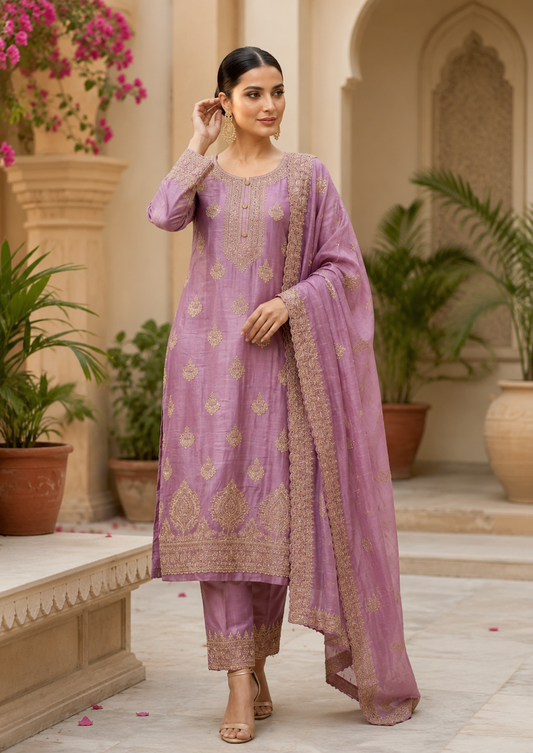 Purple-Lavender Semi Stitched Shimmer Tissue Suit Set With Dupatta With Embroidery