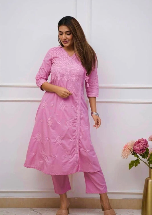 Pink Cotton blend angrakha style kurta with straight pant