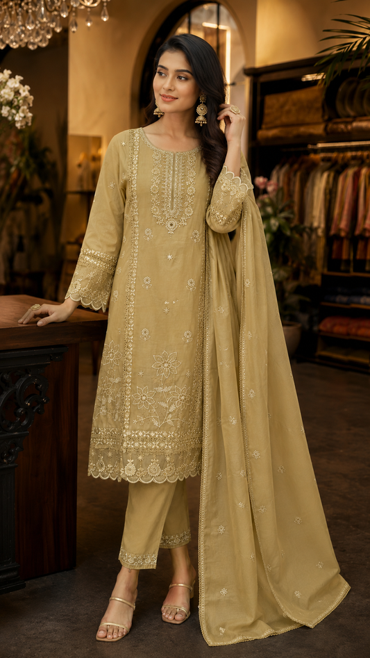 Beige Floral Embroidered Mul Cotton Kurta Pant With Dupatta